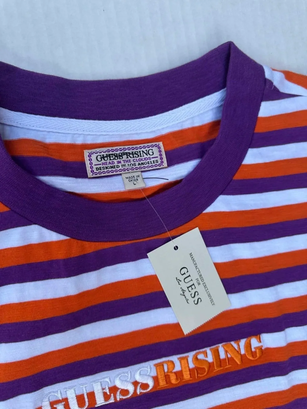 GUESS Striped Crew Tee in Purple, Orange & White - Picture 2 of 3
